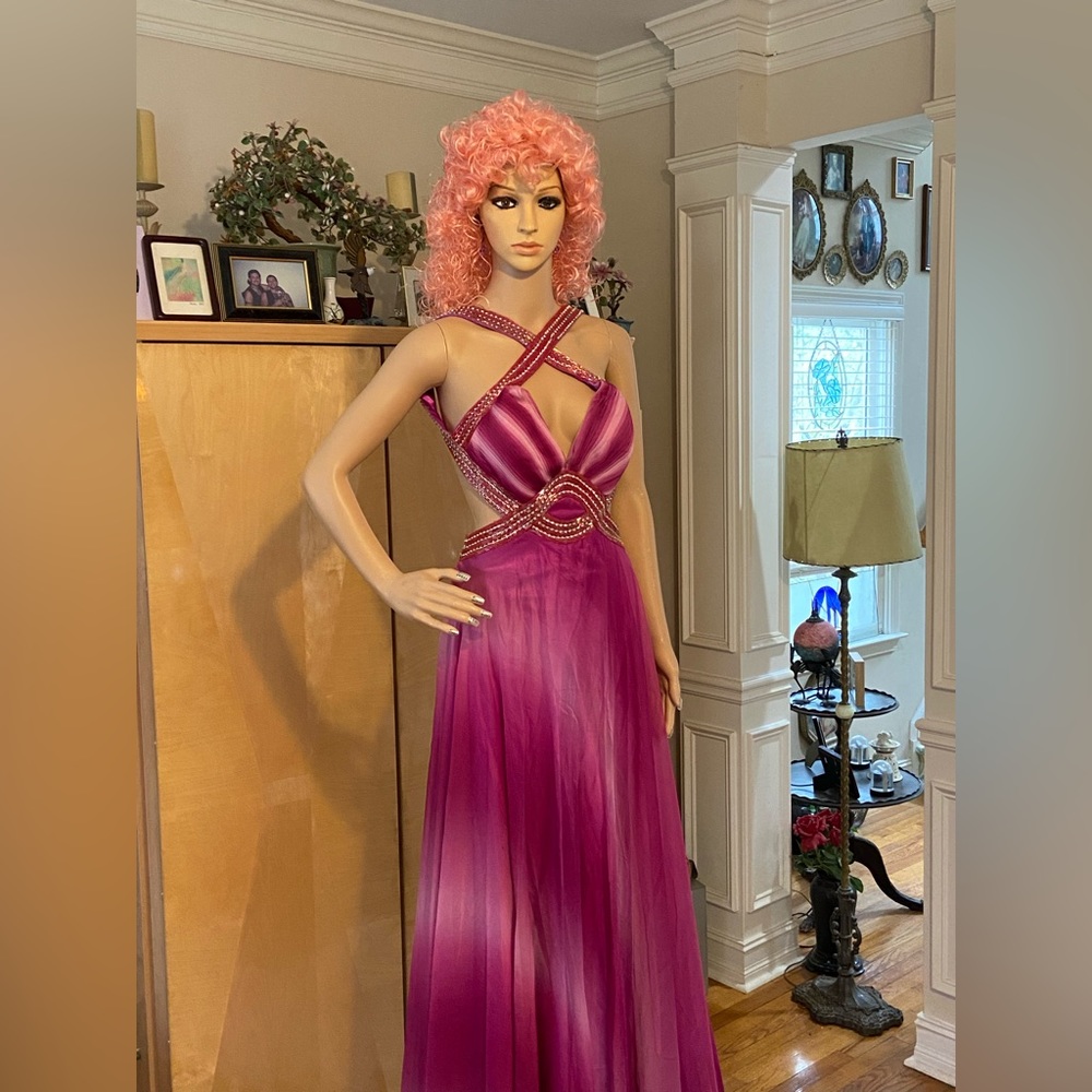 Rhinestone Studded Raspberry colored Evening Gown - Picture 3 of 12